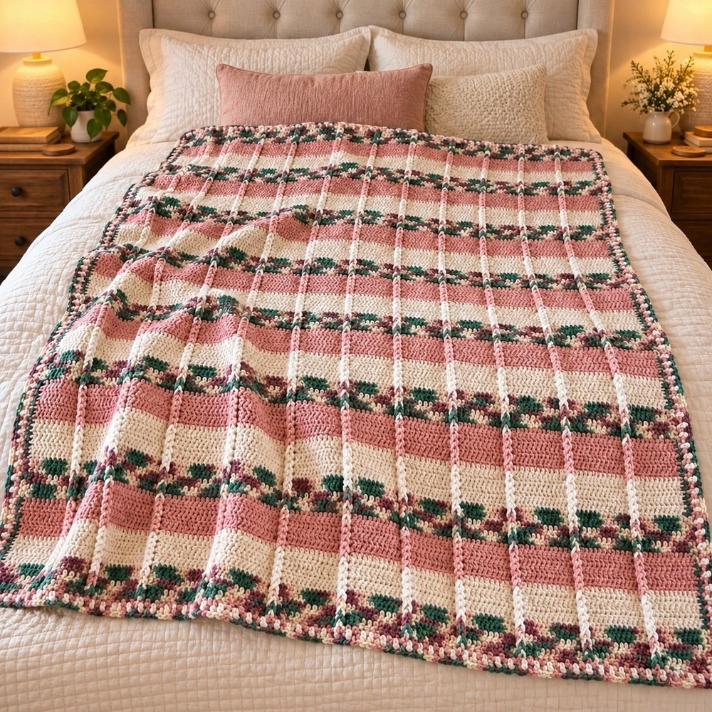 Vintage Handmade Crochet Afghan Ribbed Pink & Green Stripe Weighty Blanket 84x63